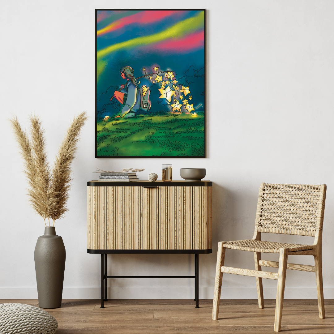 Beautiful Boho wall art entitled "Dream Chaser" enhancing a stylish living room, perfect gift adding charm and elegance to any home decor.
