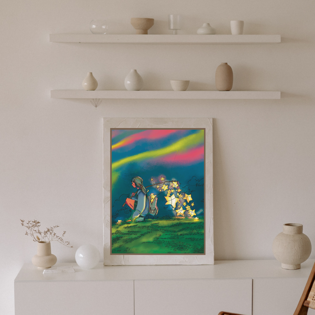 Beautiful Boho wall art entitled "Dream Chaser" enhancing a stylish living room, perfect gift adding charm and elegance to any home decor.