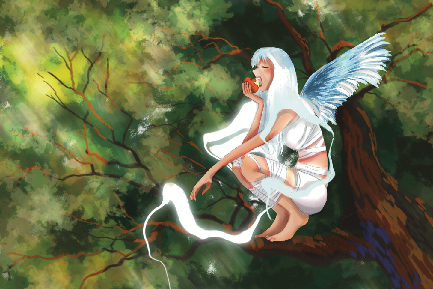 Fantasy illustration of an angel sitting on a tree branch with an apple in a forest setting.