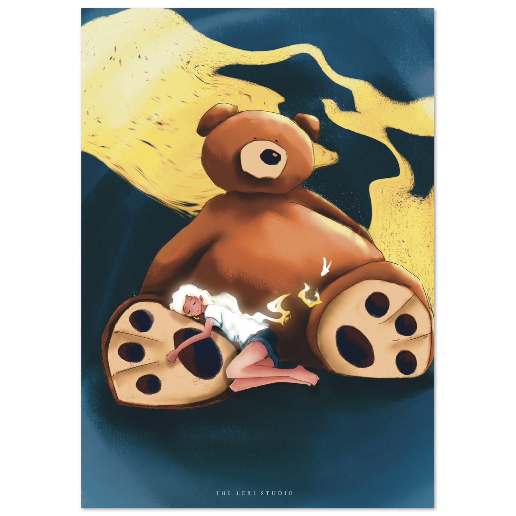 Illustration of a large brown bear with a person inside, set against a dark blue and yellow background. The text 'Feeling lost is part of being human, it has nothing to do with age or accomplishments.
插画, 迷失,是人之常情,
与年龄无关,
与成就无关。