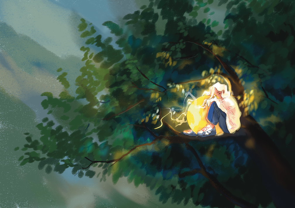A girl sitting under a tree with a glowing light, surrounded by green foliage.