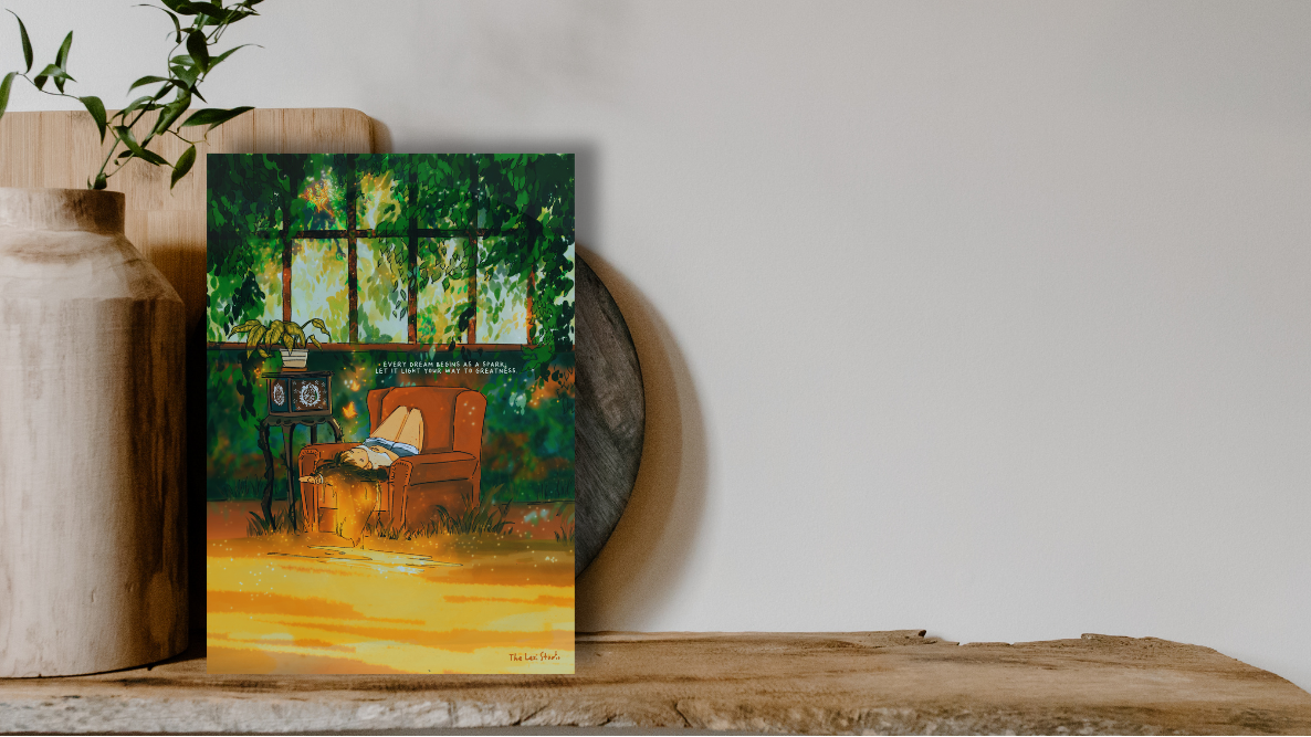 Painting of a room with a piano and window on a wooden surface.