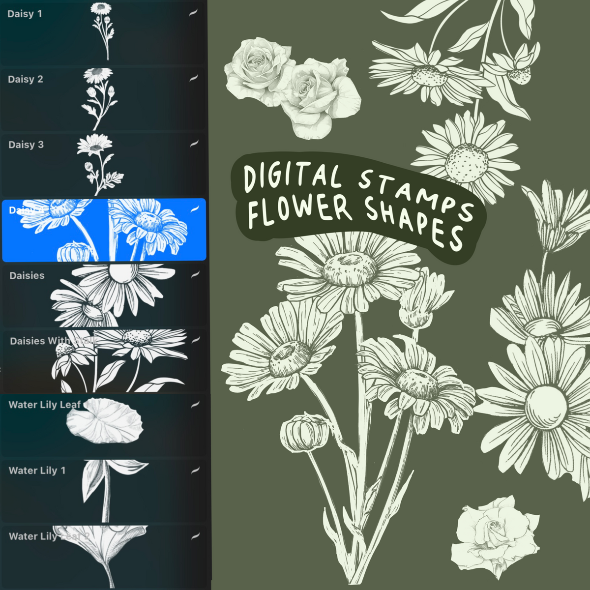 Digital Daisy, Roses, Sunflowers, Water Lilies Brushes [22 stamps]