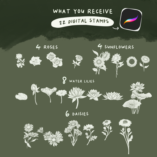 Digital Daisy, Roses, Sunflowers, Water Lilies Brushes [22 stamps]