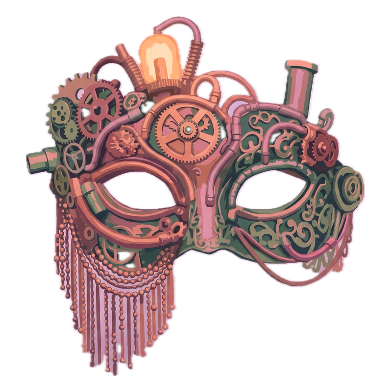 Steampunk masquerade mask featuring intricate copper and green gears, pipes, a hanging chain fringe, and a glowing light bulb on a plain white background.