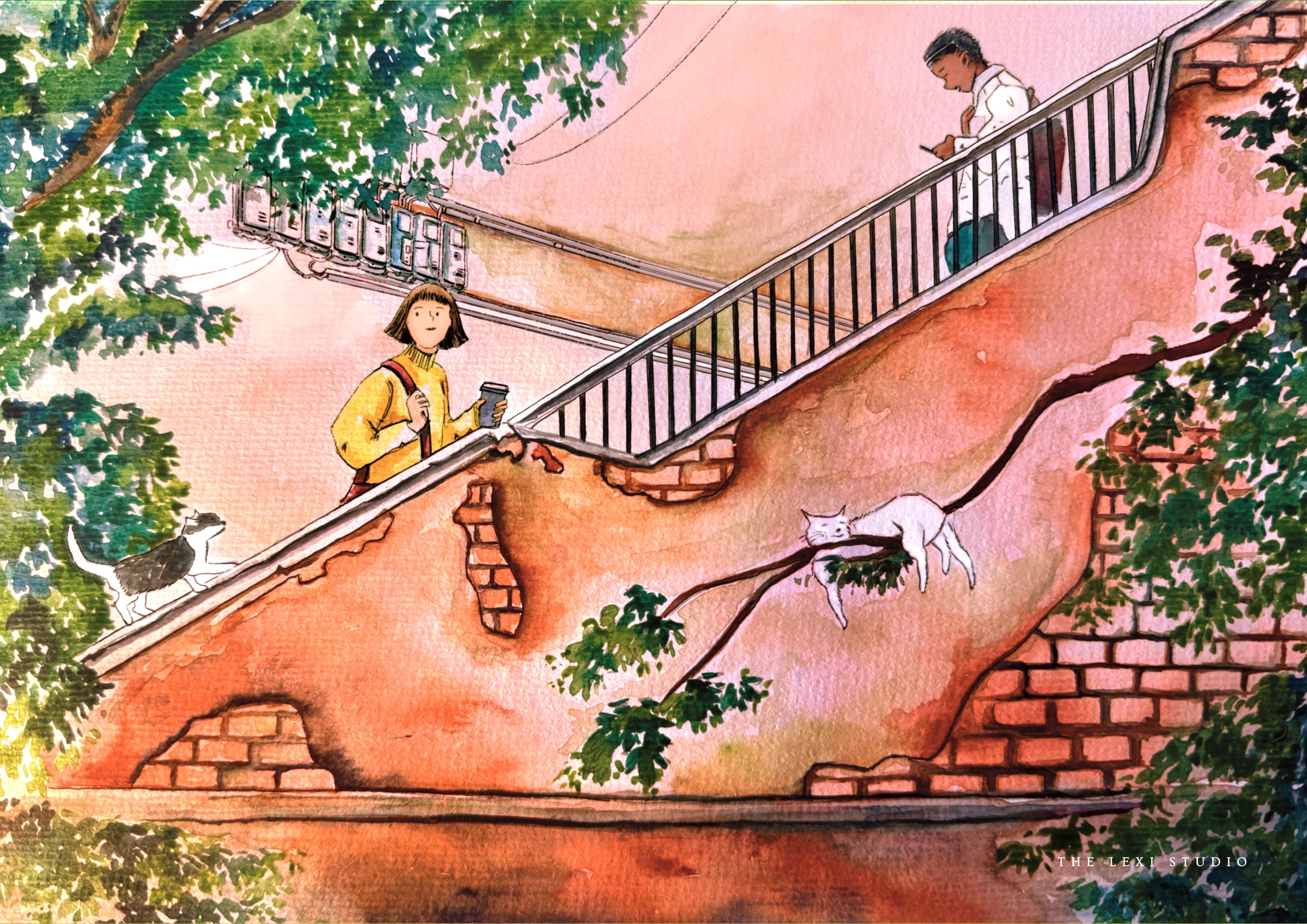 Illustration of a person with a dog on a staircase surrounded by greenery