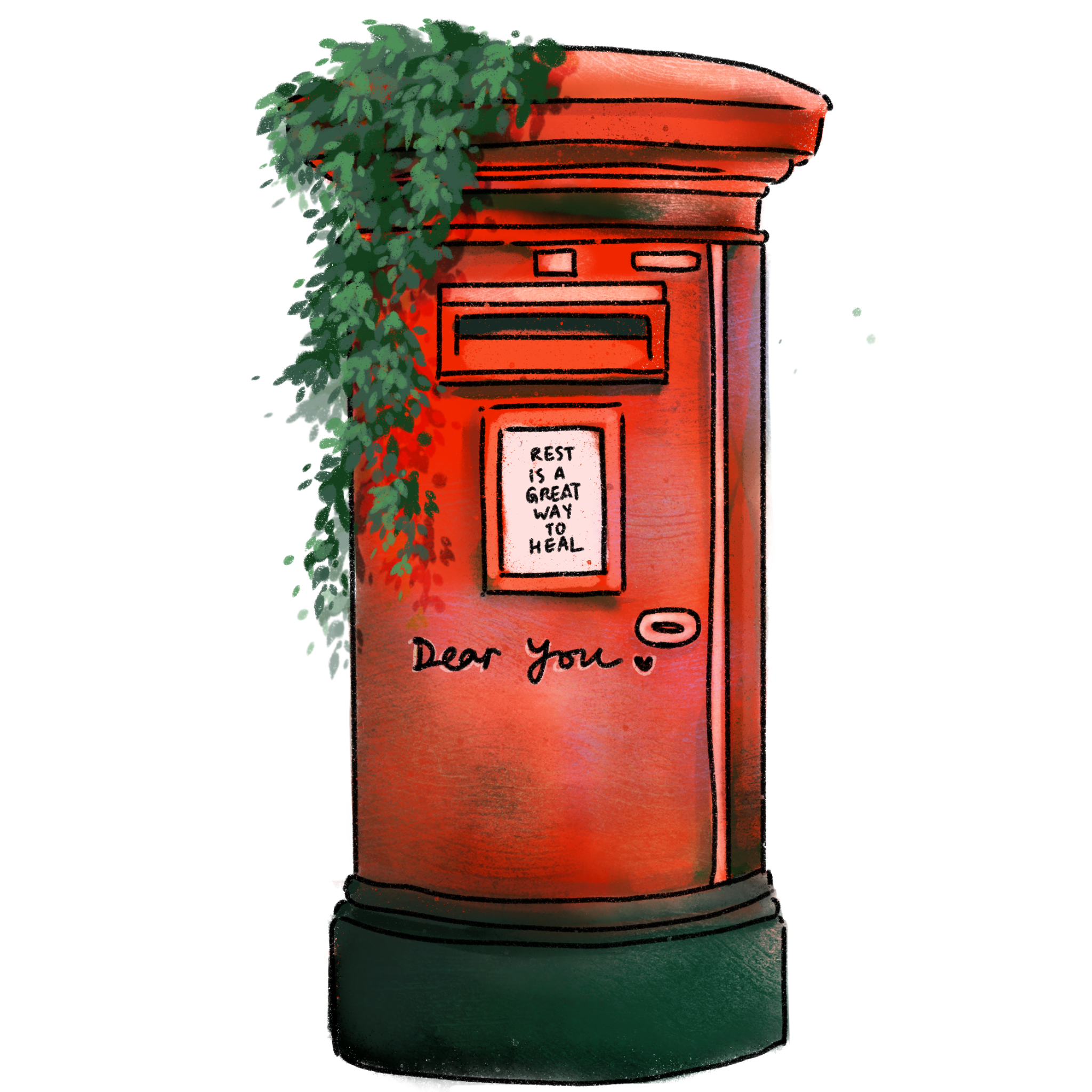 Red mailbox with greenery and text on a white background