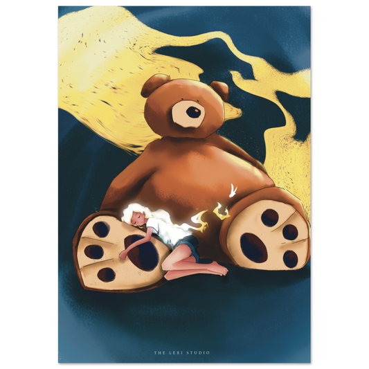 Illustration of a large brown bear with a person inside, set against a dark blue and yellow background. The text 'Feeling lost is part of being human, it has nothing to do with age or accomplishments.

插画, 迷失，是人之常情，
与年龄无关，
与成就无关。